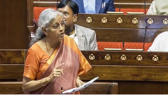 Union Finance Minister Nirmala Sitharaman speaks in the Rajya Sabha during the Budget session of Parliament, in New Delhi.
